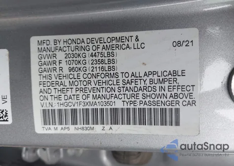 2021 Honda Accord Sport z USA, uszkodzony, nr VIN 1HGCV1F3XMA103501